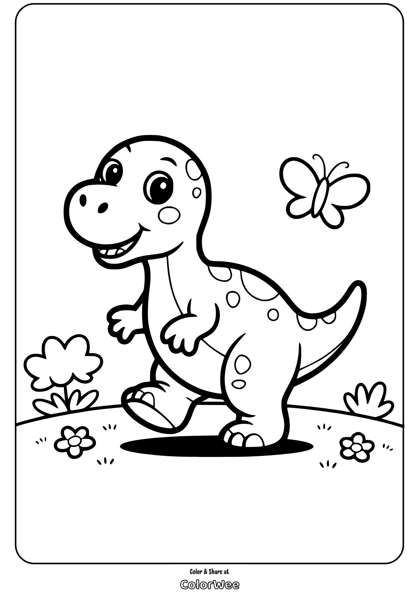 Cartoon dinosaur coloring page with a butterfly and flowers.
