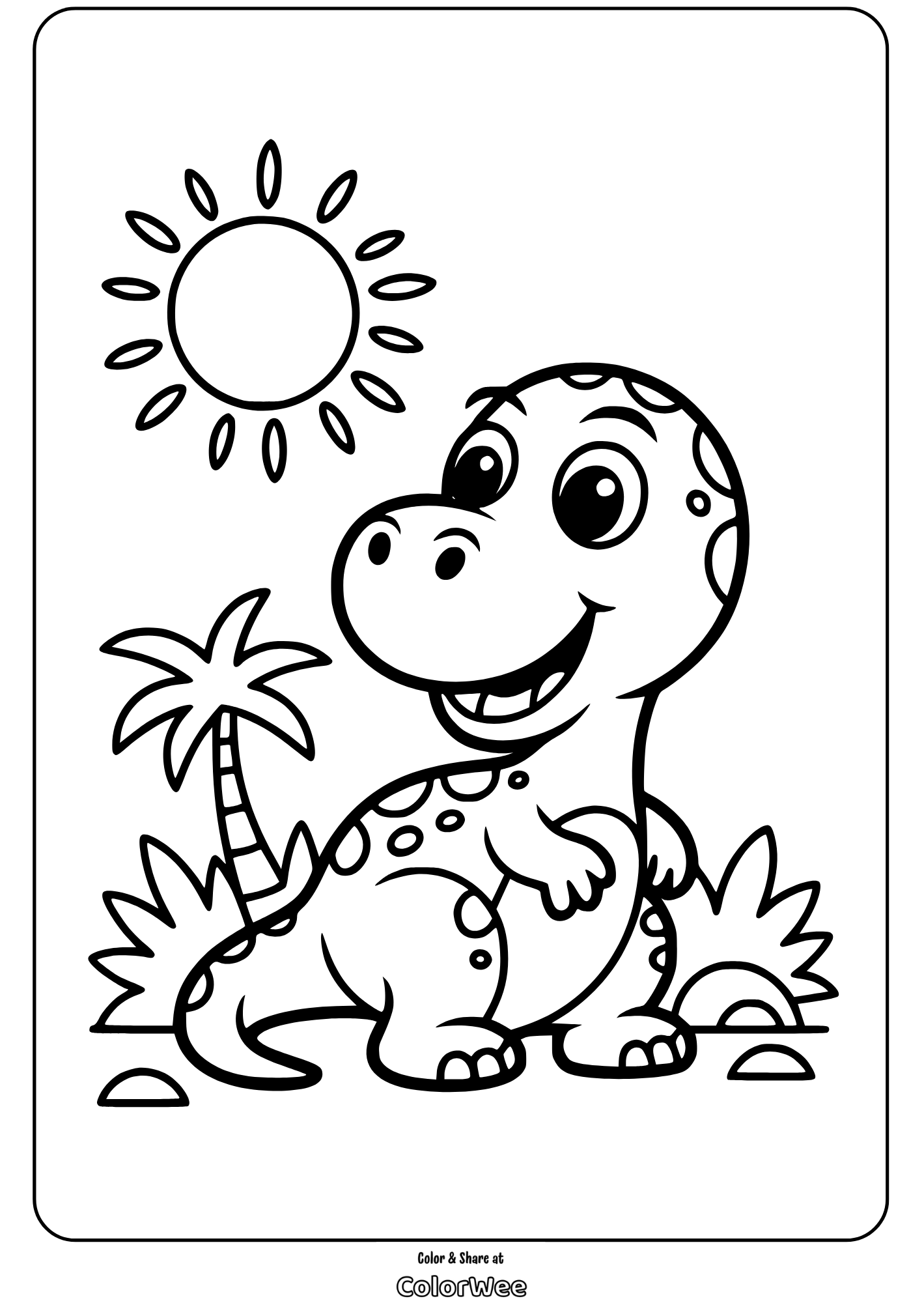 Cute dinosaur coloring page with sun and palm tree.