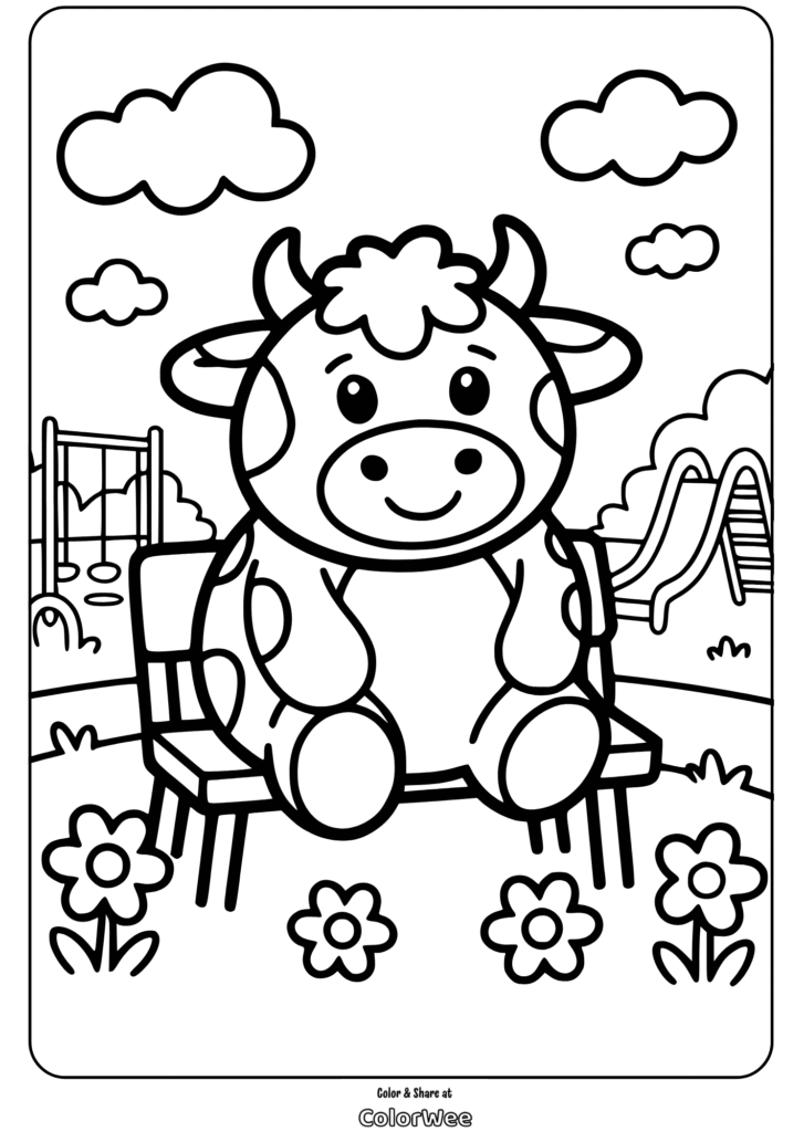 Cute cow coloring page in a playground setting for kids.