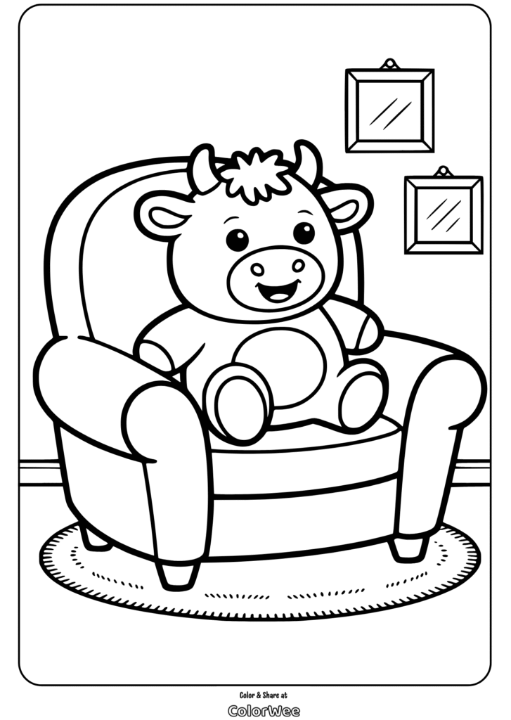Cute squishmallow  cartoon cow on armchair coloring page for kids.
