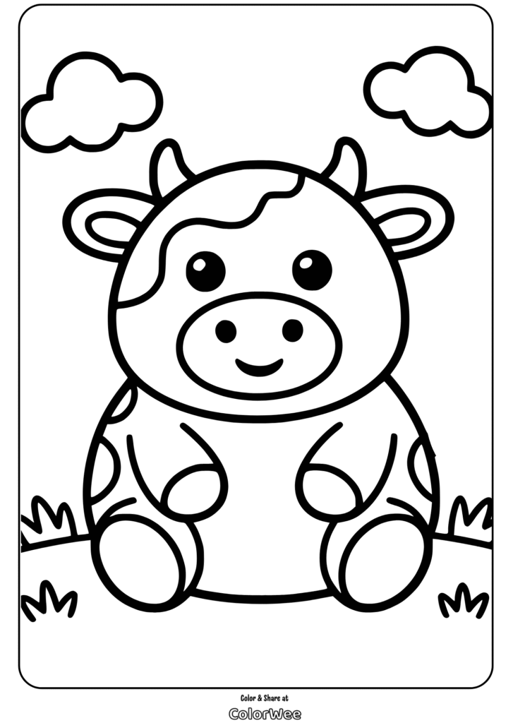 Cute cartoon cow coloring page for kids.