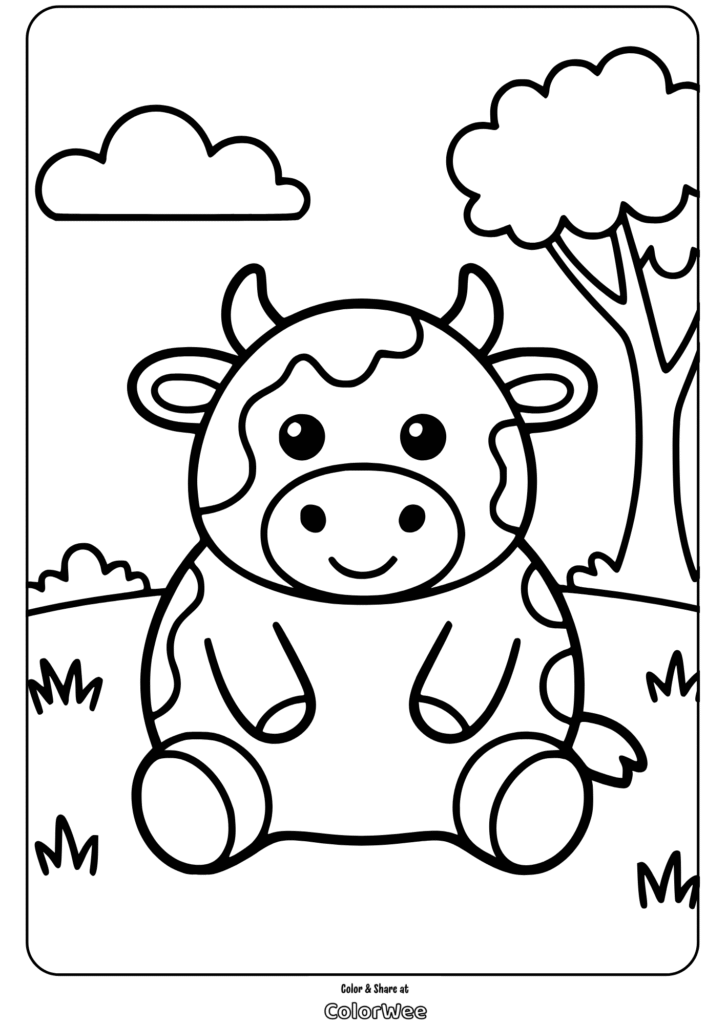 Cute cow coloring page for kids, fun farm activity sheet.