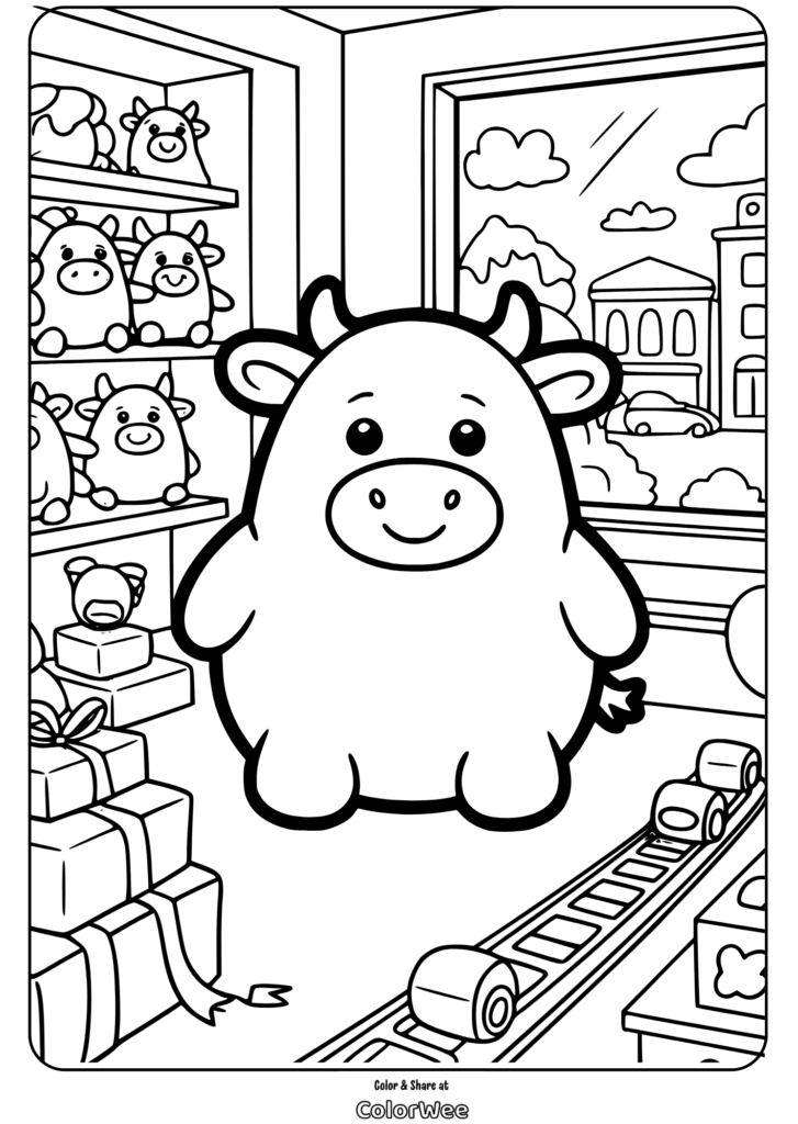 Cute cow squishmallow  in a toy store coloring page.
