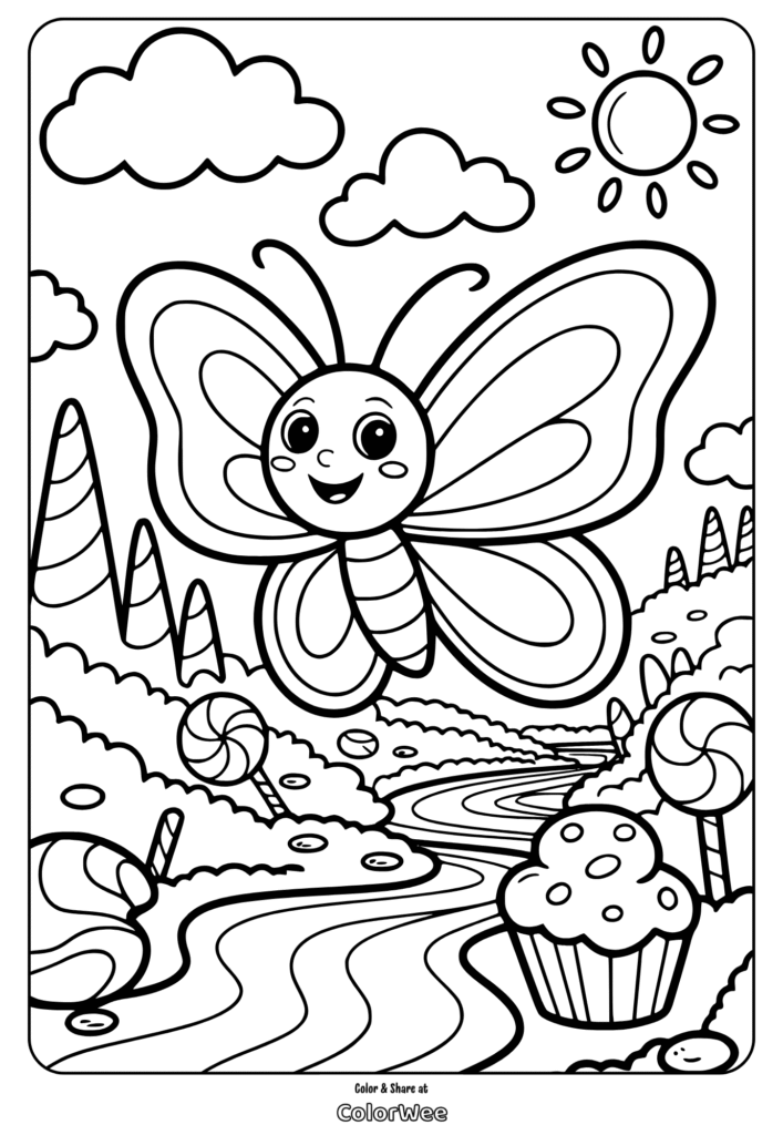 Happy butterfly coloring page with candy and sunshine.