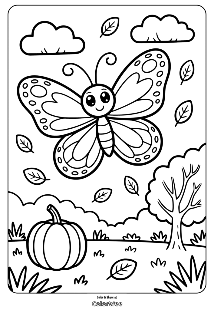 Cute butterfly in garden coloring page with pumpkin and clouds.
