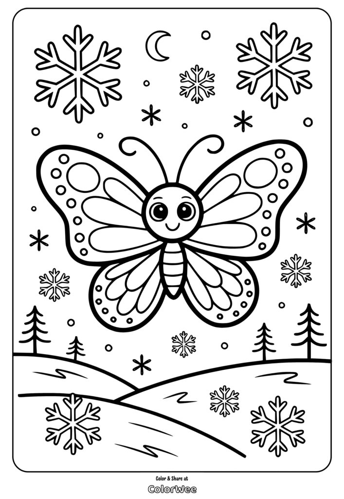 Butterfly coloring page with snowflakes and trees.