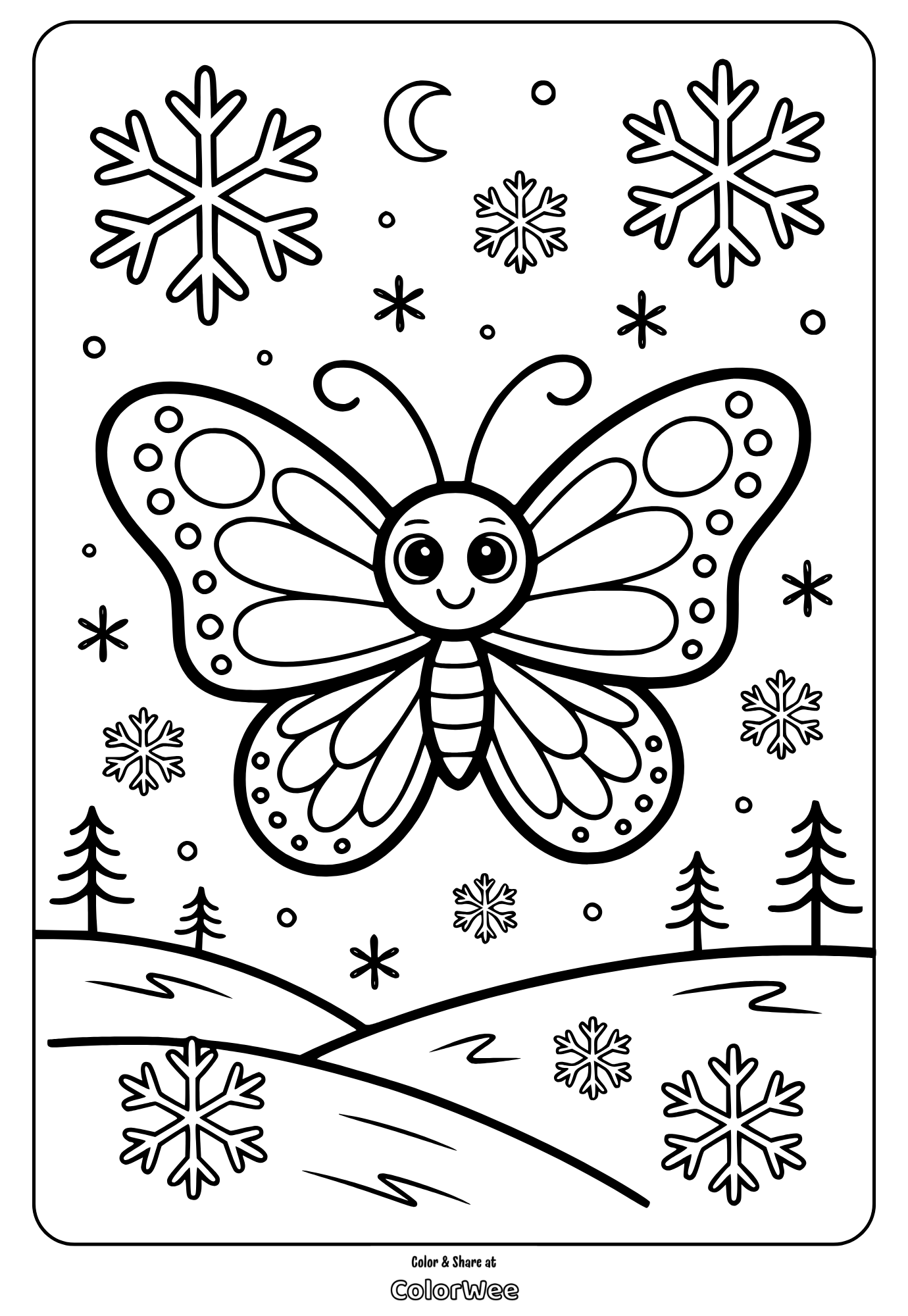 Butterfly coloring page with snowflakes and trees.