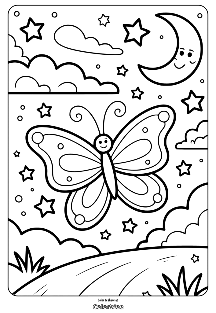 Butterfly and moon coloring page with stars and clouds.