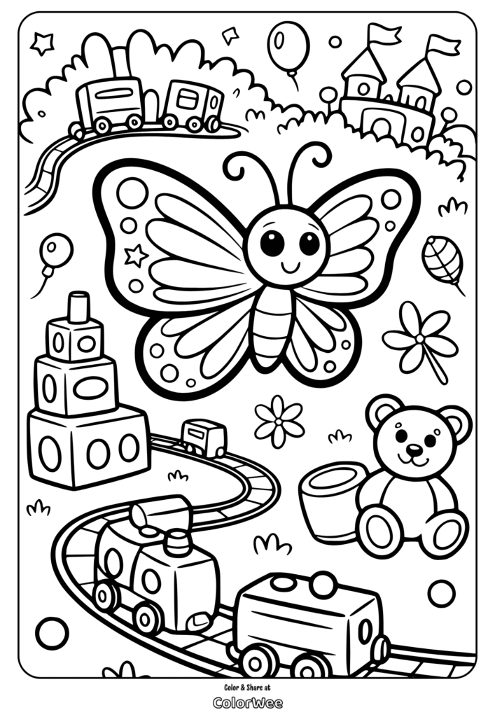 Butterfly and toys coloring page with train and castle.