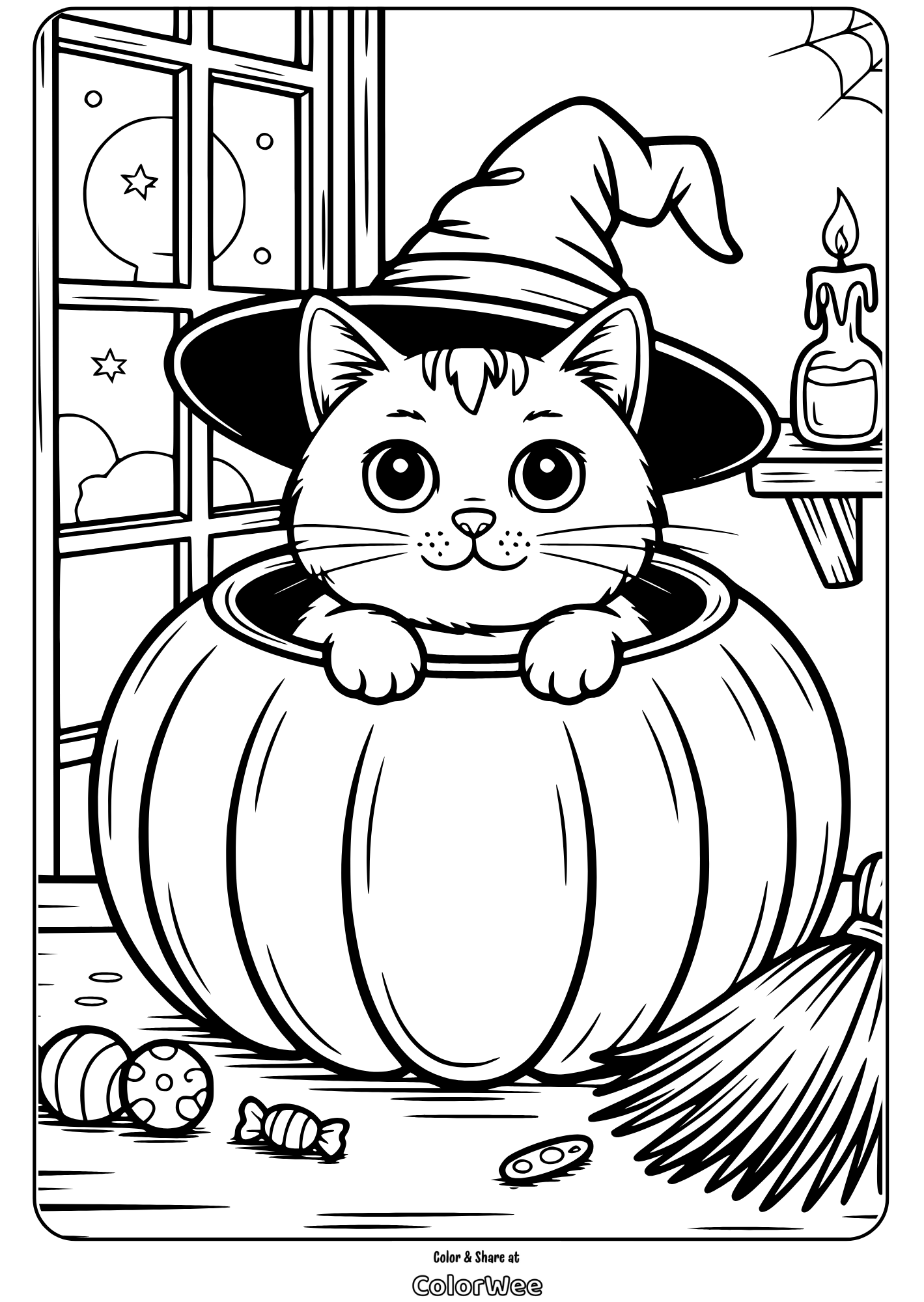 Cute cat in witch hat inside pumpkin for Halloween coloring page.