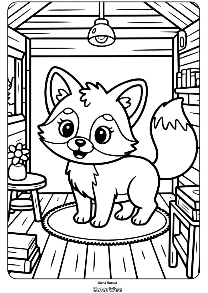 Adorable fox in cozy cabin scene coloring page.