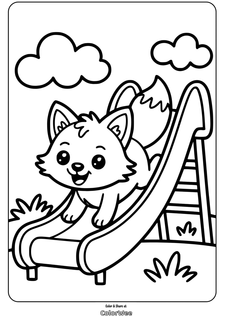 Coloring page of a cute fox sliding down a playground slide.