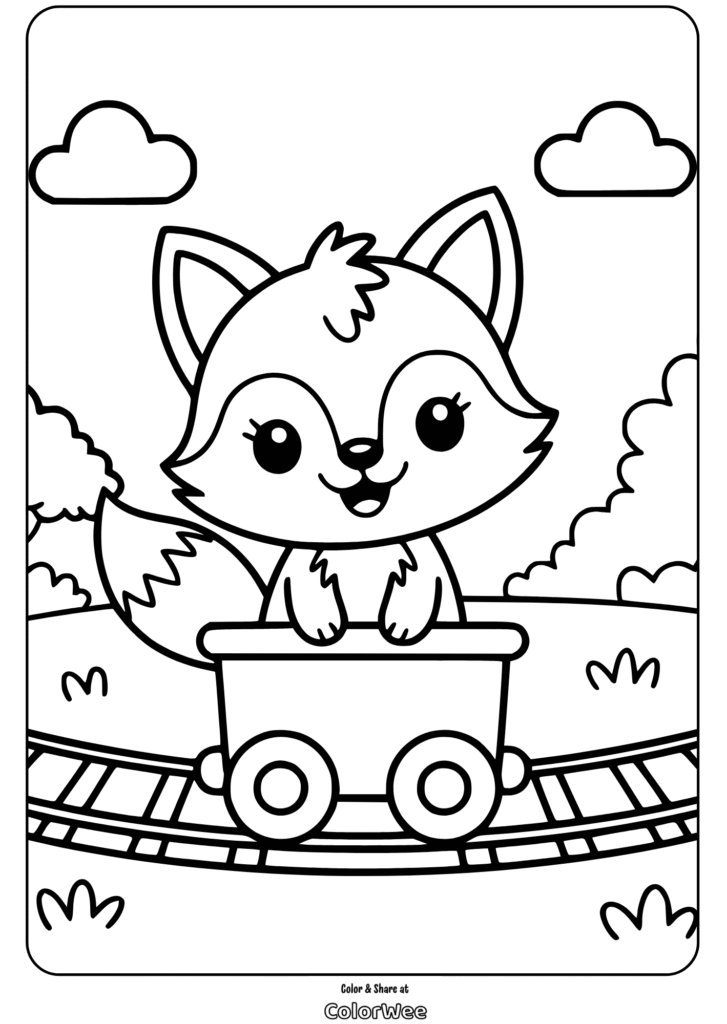 Cute fox in a train coloring page for kids.