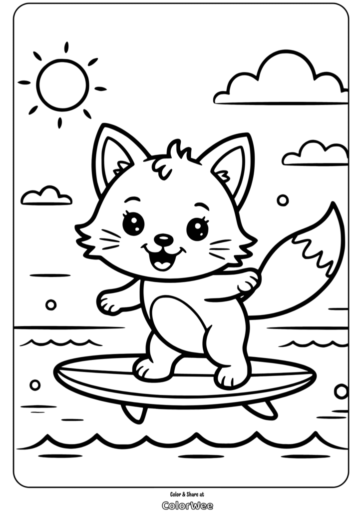 Cute fox surfing coloring page for kids. Fun and playful beach scene.