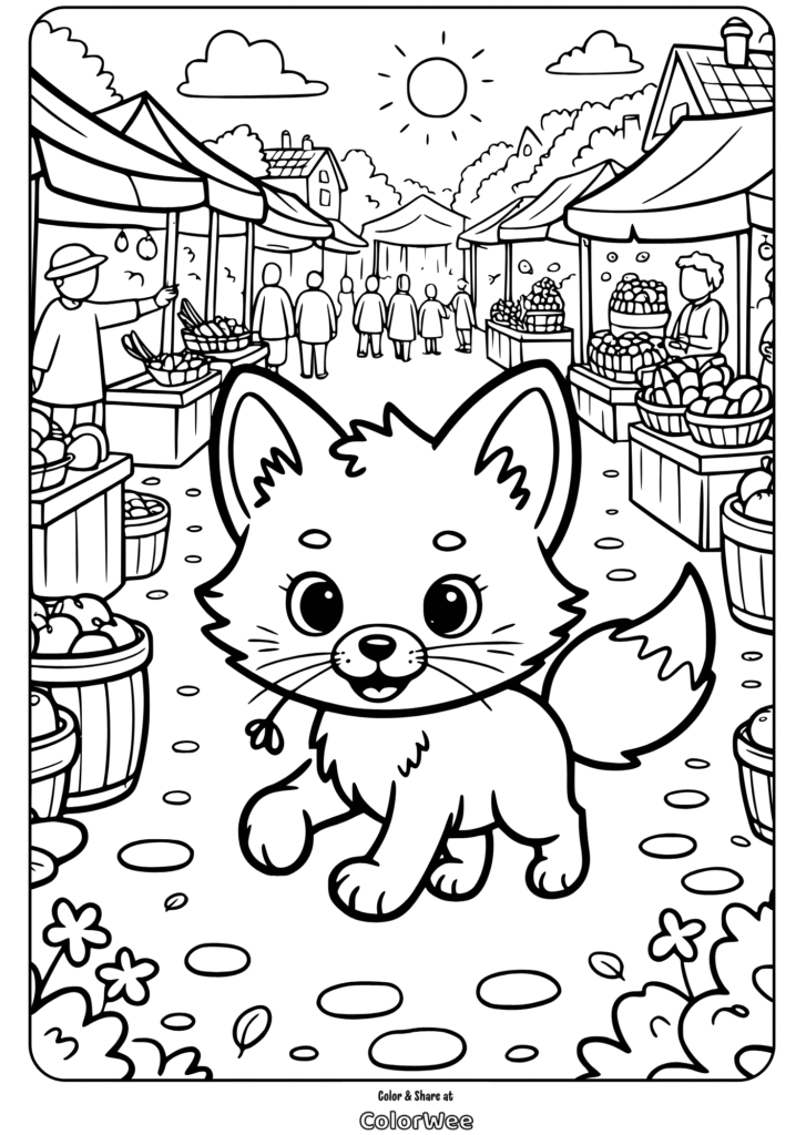 Cute fox in a market scene coloring page.