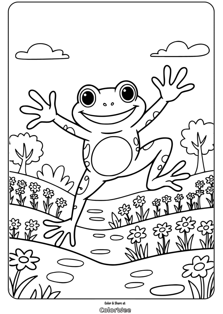 Frog jumping in a flower field coloring page.