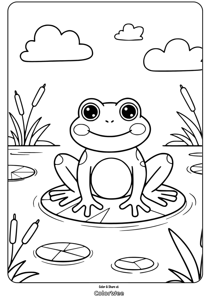 Cute frog on lily pad coloring page with clouds and reeds.