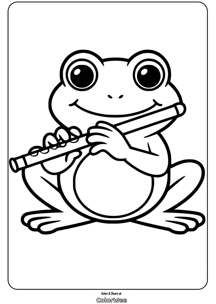Frog playing flute coloring page for kids.