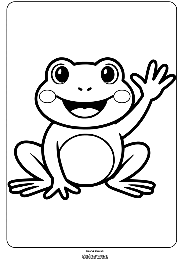 Cute frog waving, black and white coloring page for kids.