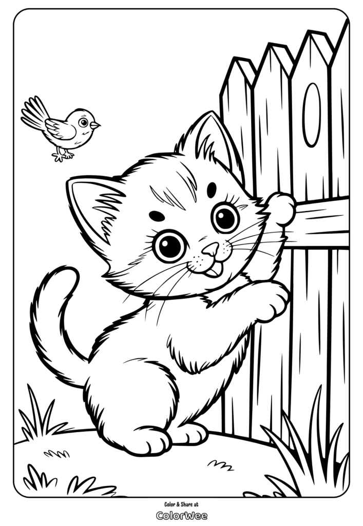 Cute kitten and bird coloring page for kids.
