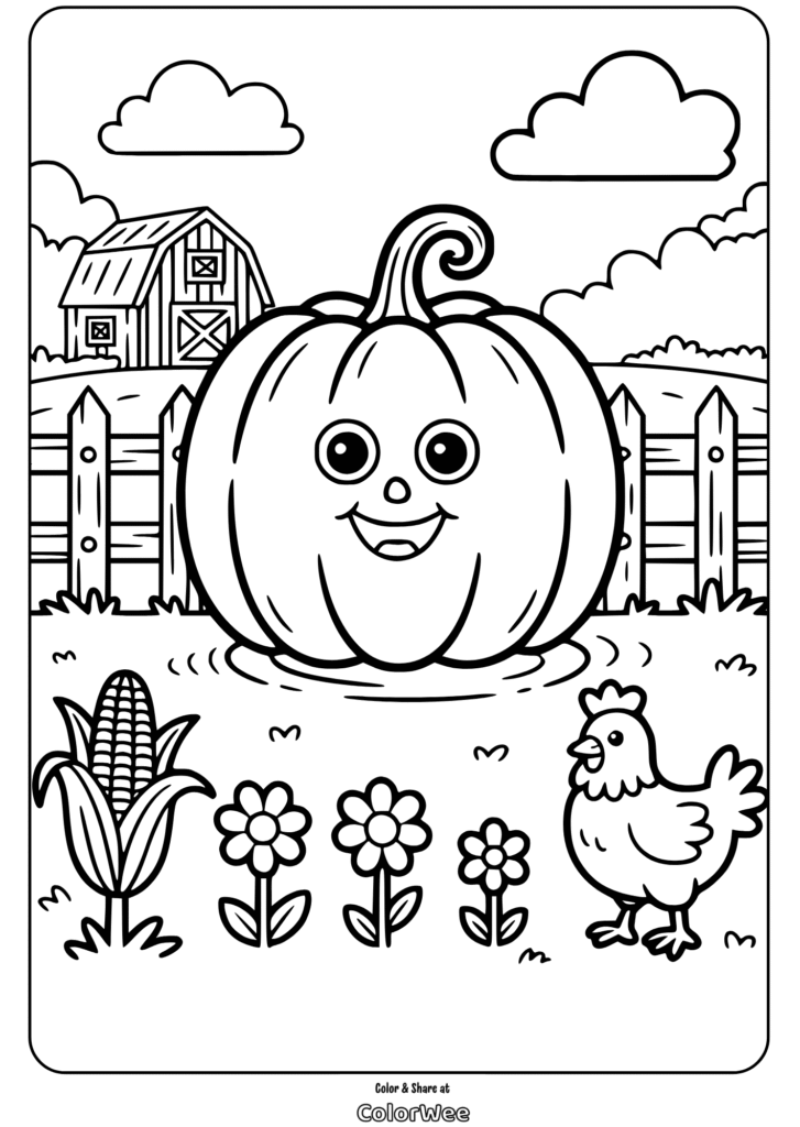 Smiling pumpkin on a farm with barn, chicken, and flowers coloring page