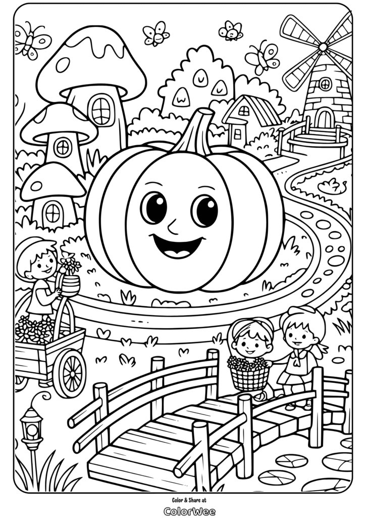 Kids' pumpkin village coloring page with happy fall scene.