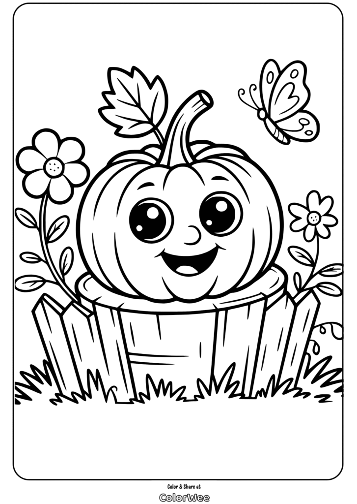 Cute pumpkin and butterfly coloring page with flowers.
