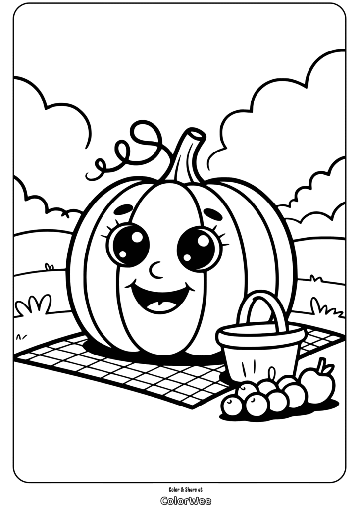 Happy pumpkin picnic coloring page with basket and apples.