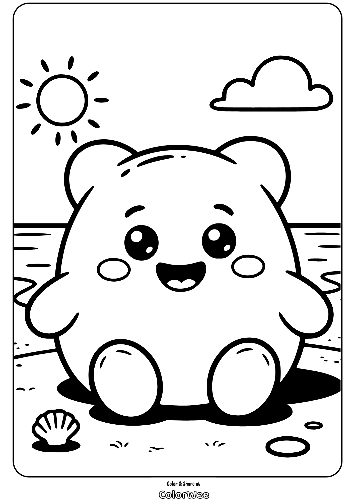 Cute squishmallow coloring page by the beach with sun and cloud.