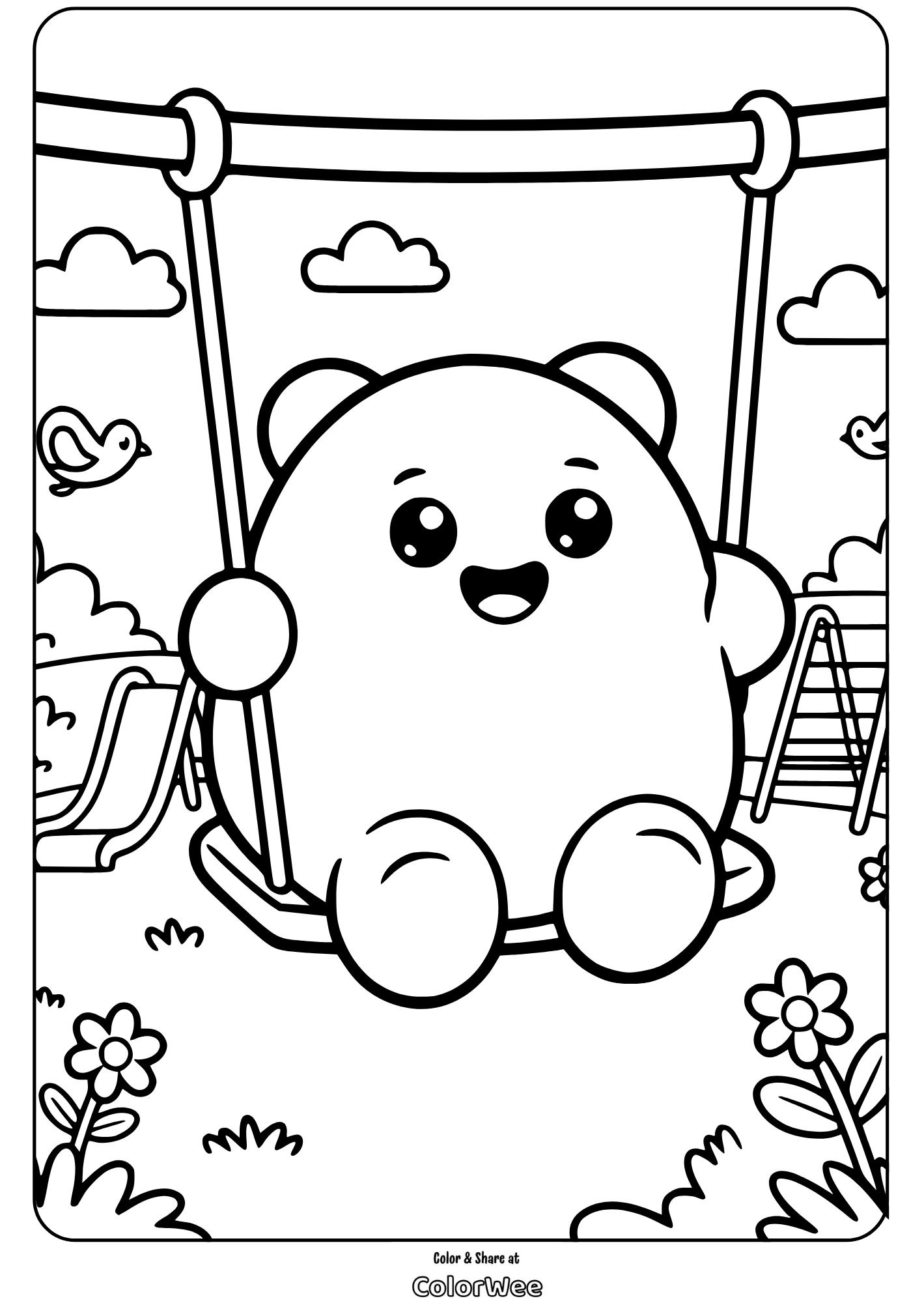 cute squishmallows exploring a playground Cute Squishmallow on a swing coloring page for kids.