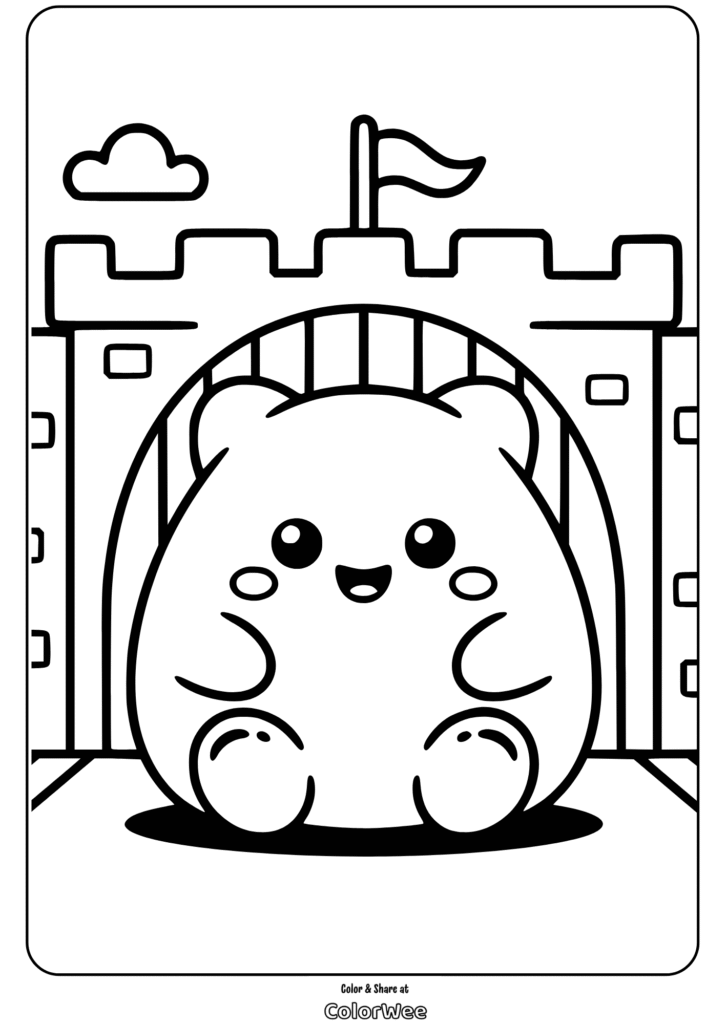 Cute bear coloring page with castle background for kids.