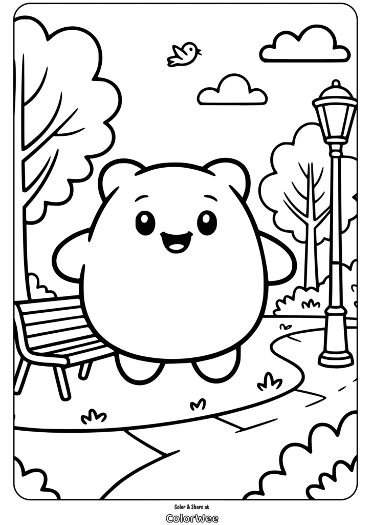 Cartoon bear coloring page in park with bench and lamp post.