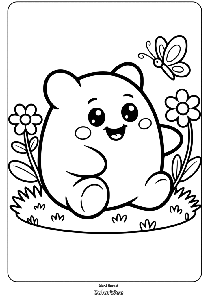 Cute bear with flowers and butterfly coloring page.