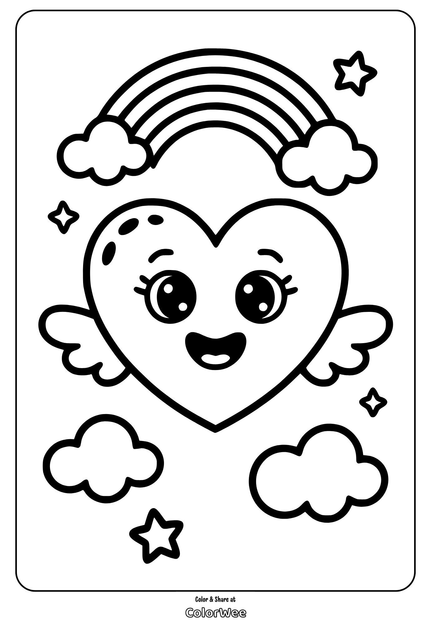 Cute valentine heart with wings, rainbow, stars, and clouds coloring page.