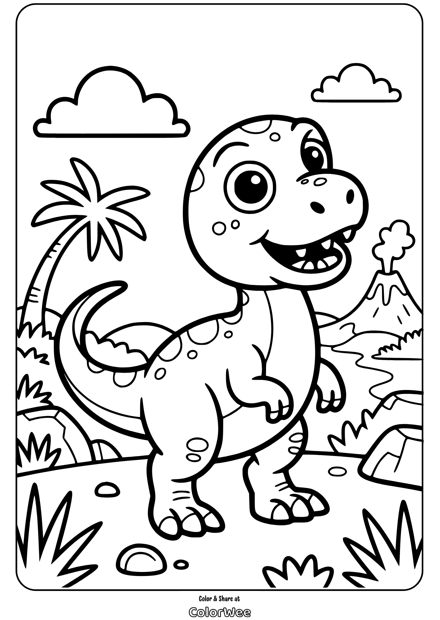 Cute dinosaur coloring page with volcano background.
