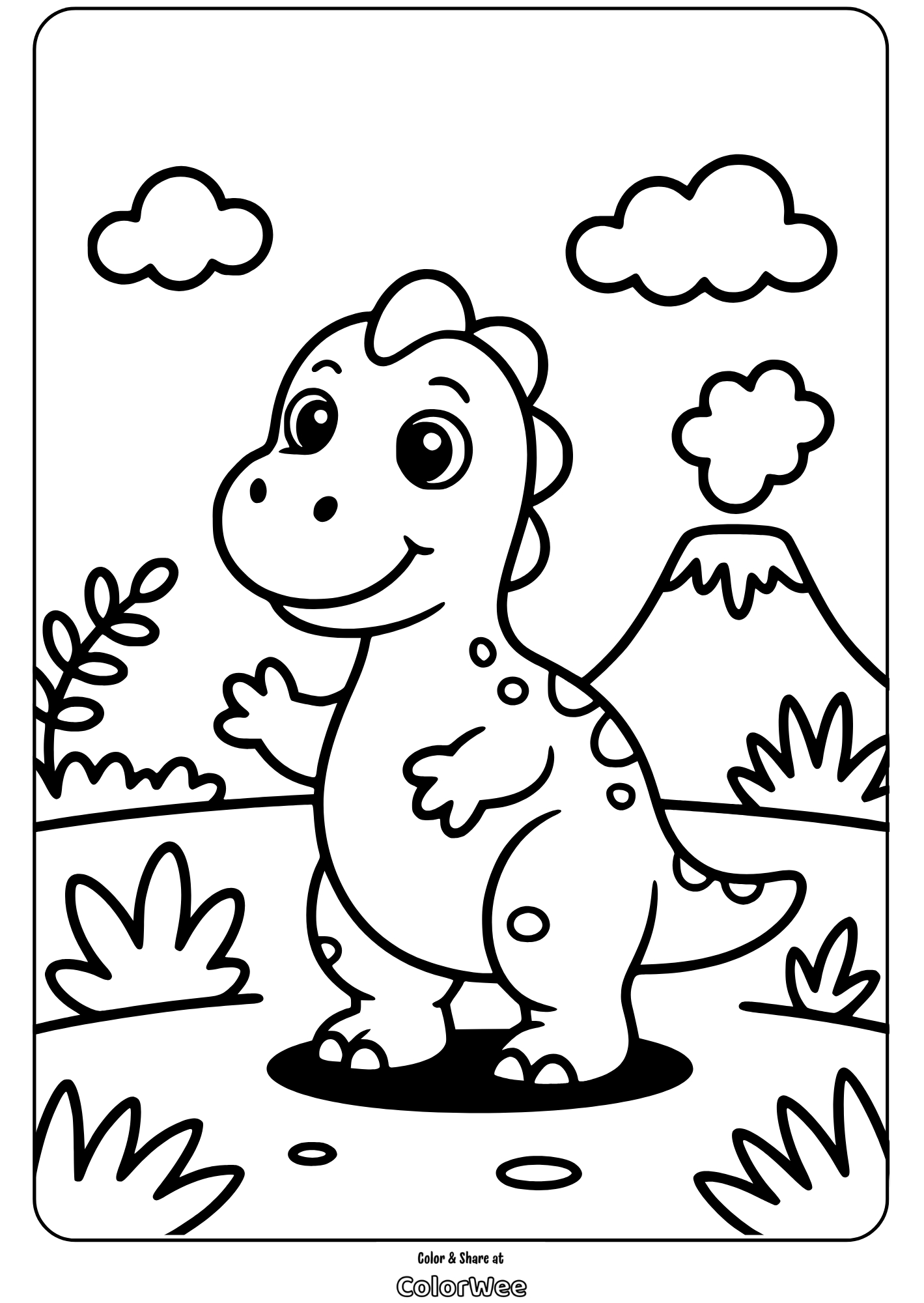 Cute dinosaur coloring page with volcano and clouds.