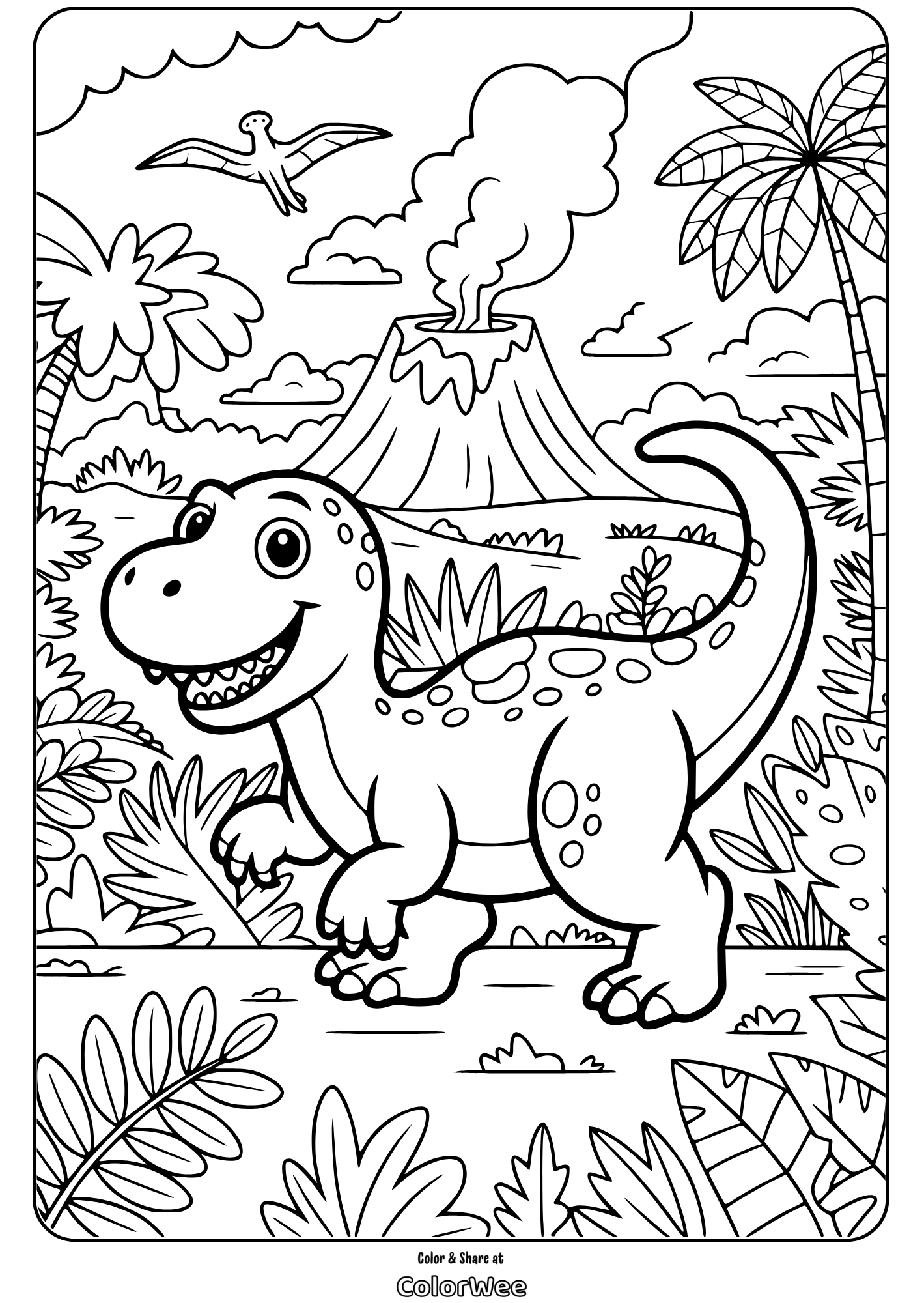 Happy dinosaur with volcano background coloring page.