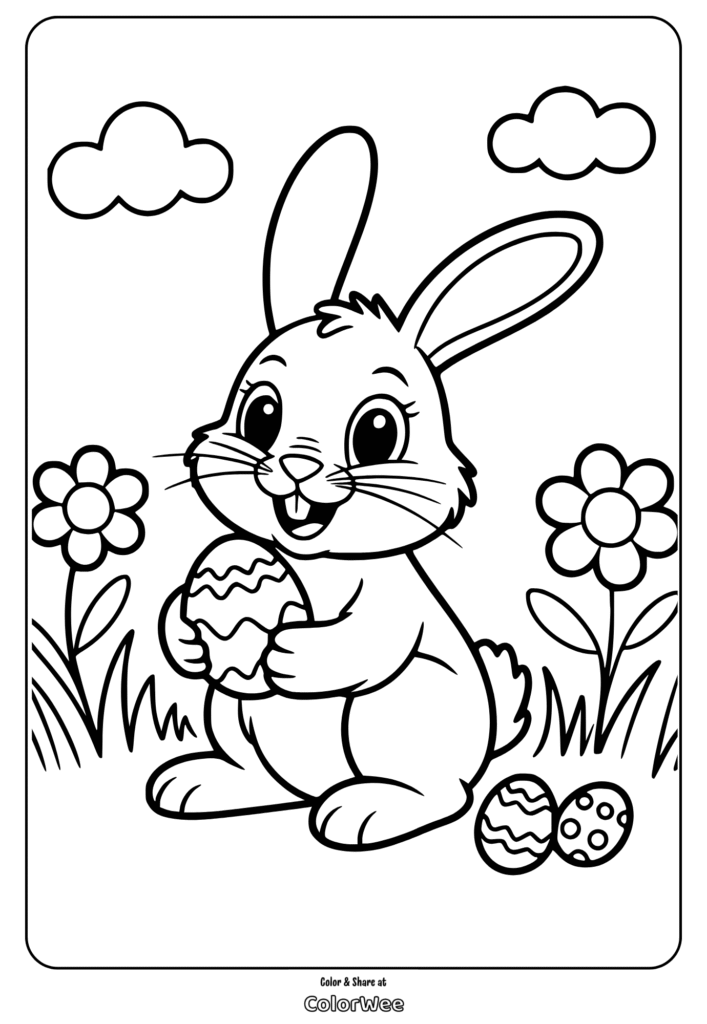 Cute bunny with Easter eggs coloring page.