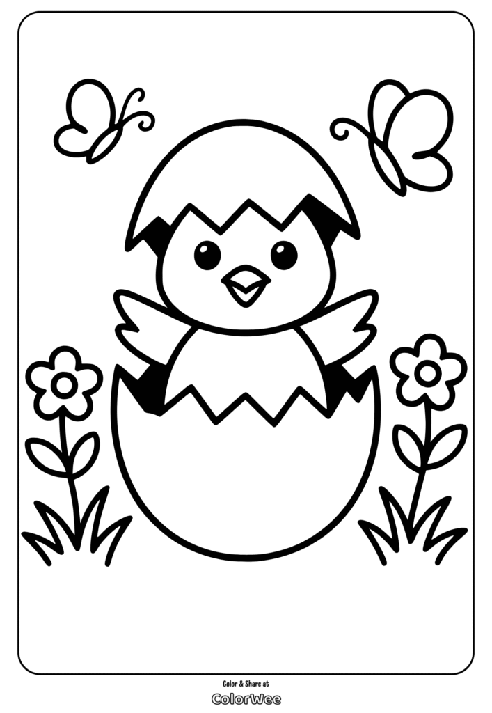 Easter chick and butterflies coloring page with flowers.