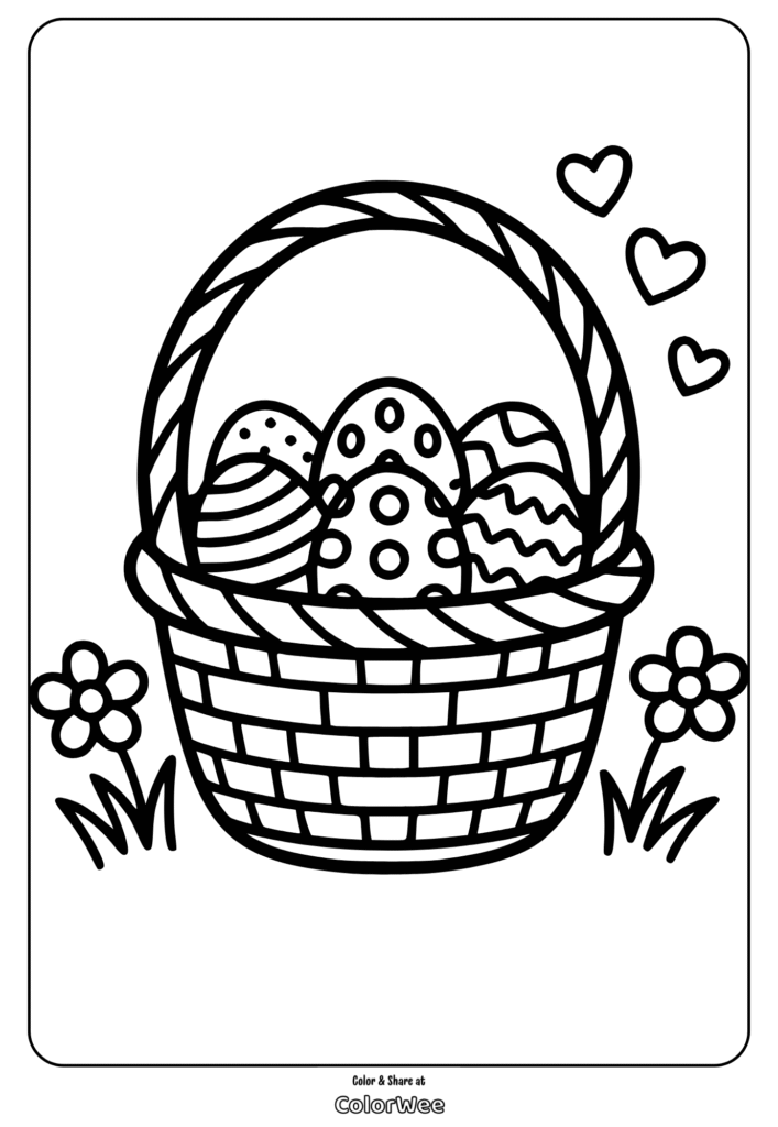 Easter basket coloring page with eggs and flowers.