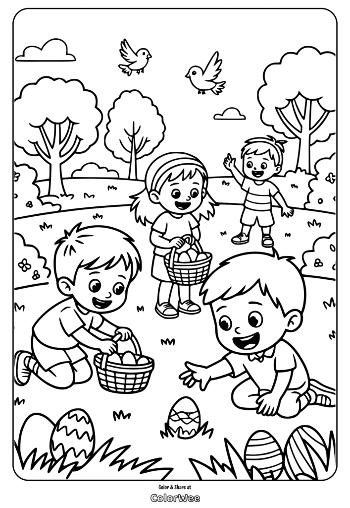 Children hunting Easter eggs in a park coloring page.