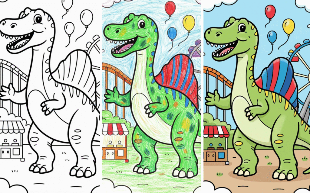Dinosaur theme park coloring page with balloons and roller coaster.