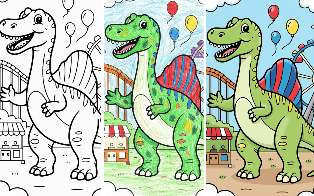 Dinosaur theme park coloring page with balloons and roller coaster.