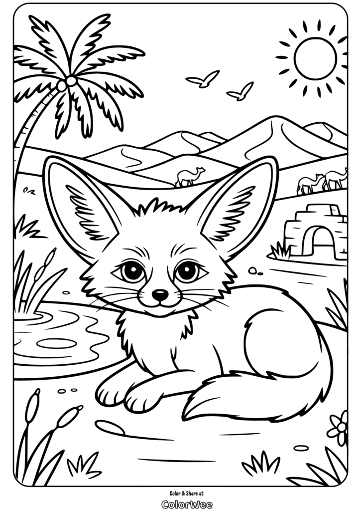 Fennec fox desert scene coloring page for kids.