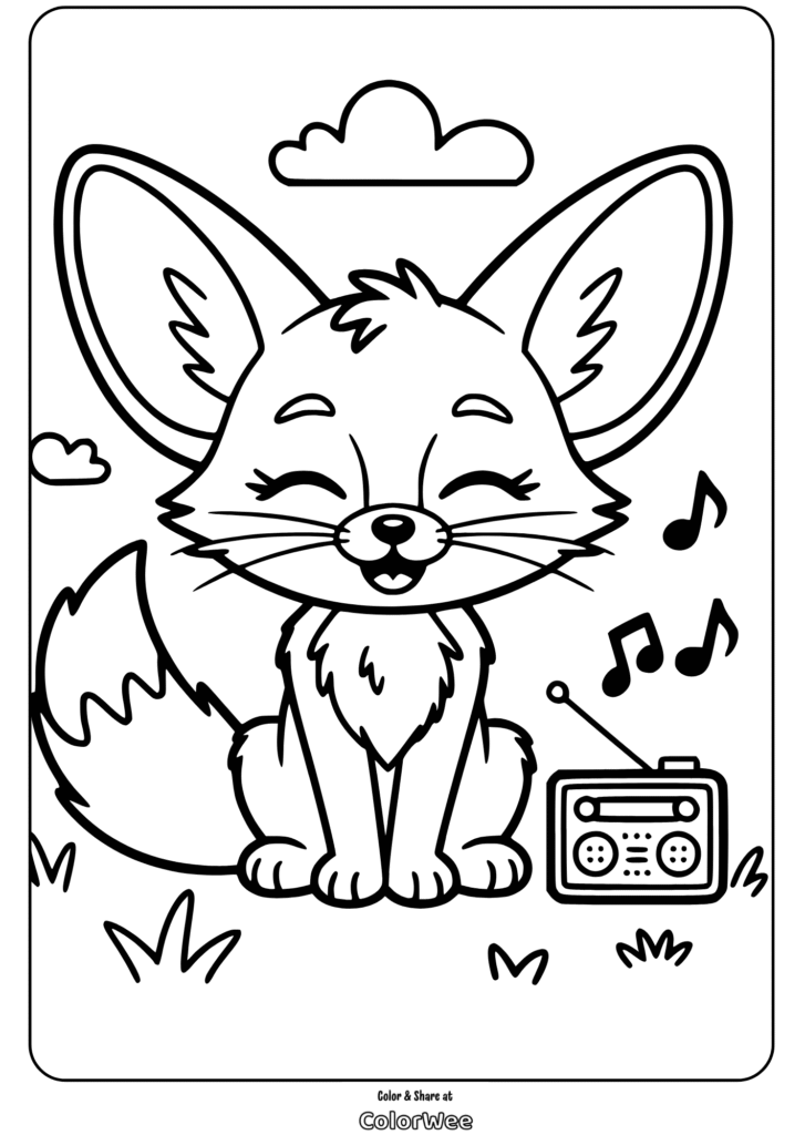 Happy fox listening to music, coloring page for kids.