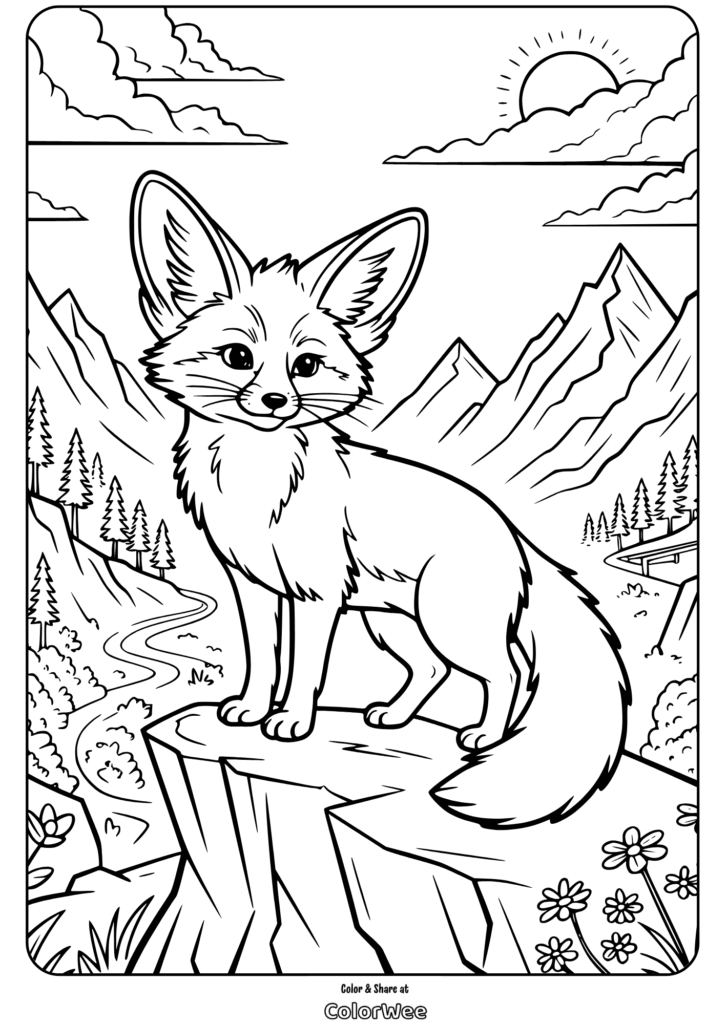 Fox coloring page with mountain landscape background.