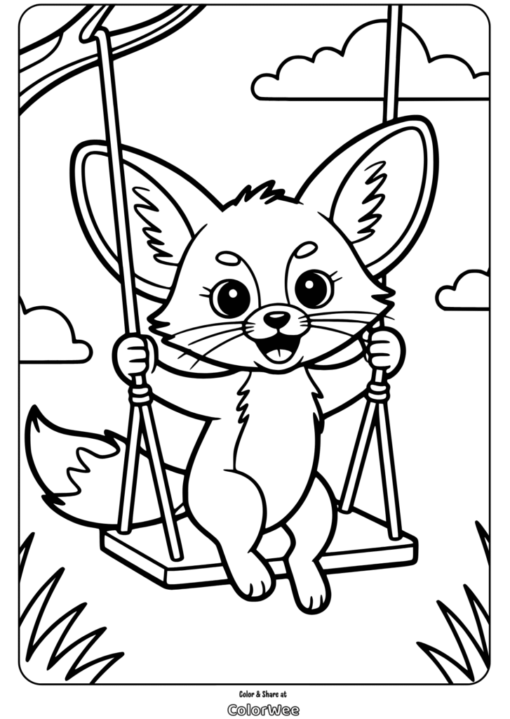 Cute fox swinging coloring page for kids.