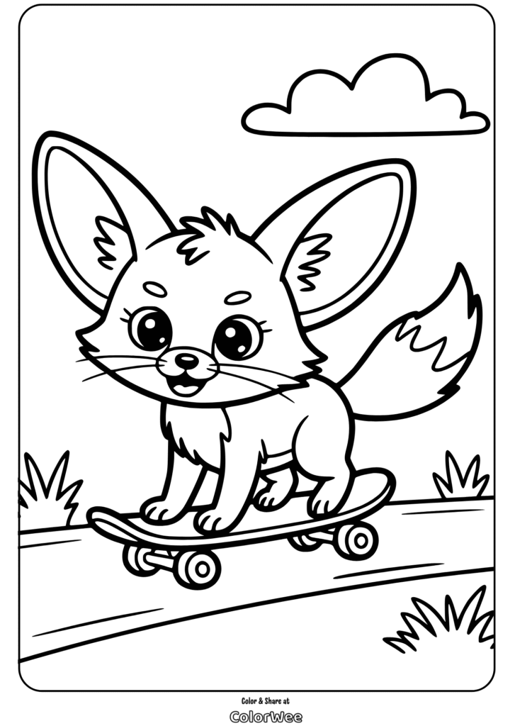 Cute fox skateboarding coloring page for kids. Fun and playful design.