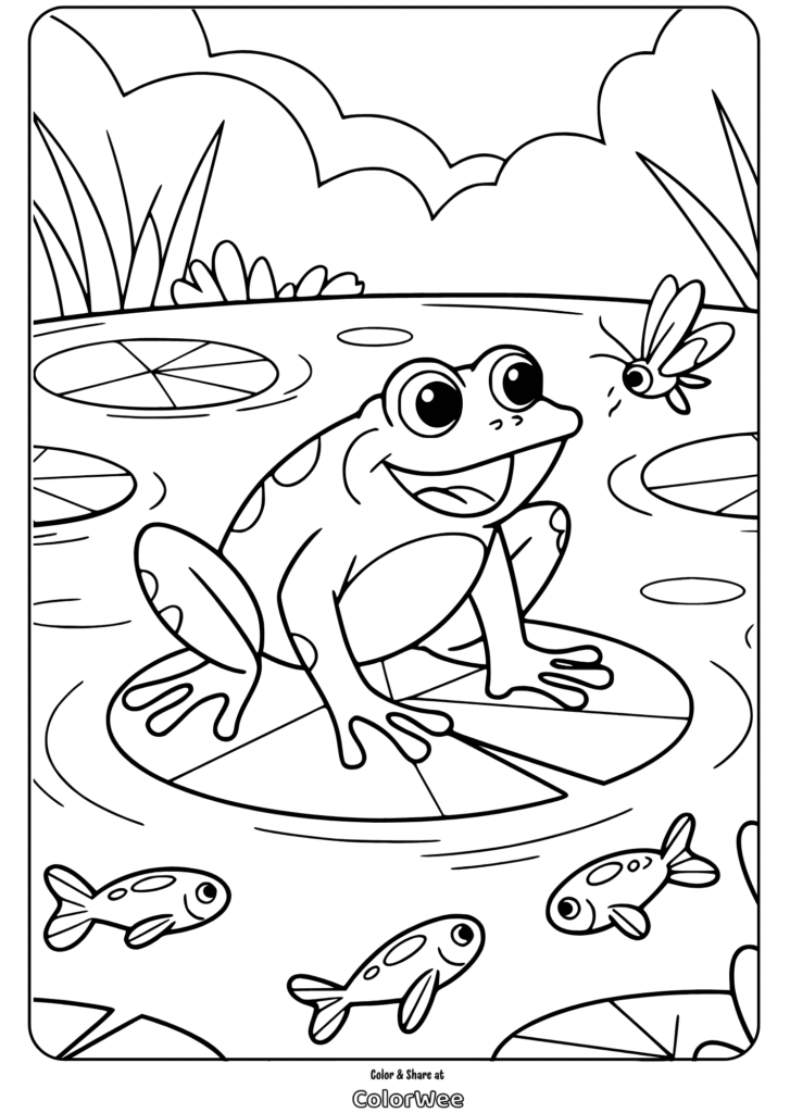 Frog on lily pad coloring page with fish and dragonfly.