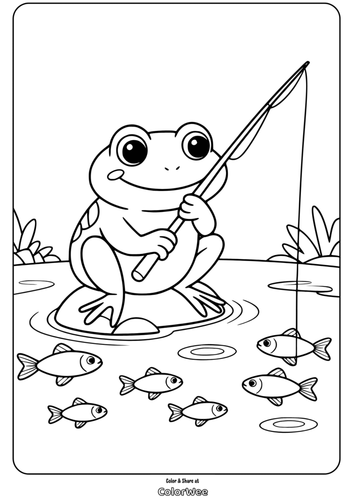 Frog fishing on a lily pad coloring page with fish in pond.